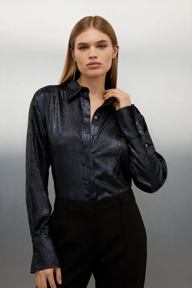 Tops Women Karen Millen Metallic Long Sleeve Collared Woven Shirt Navy