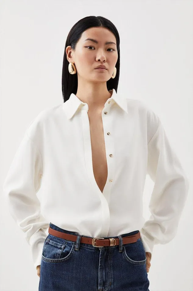 Tops Women Karen Millen Petite Viscose Crepe Long Sleeve Collared Shirt Ivory Tops Women Karen Millen Petite Viscose Crepe Long Sleeve Collared Shirt Ivory