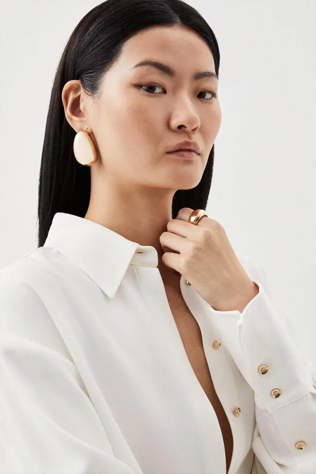 Tops Women Karen Millen Petite Viscose Crepe Long Sleeve Collared Shirt Ivory