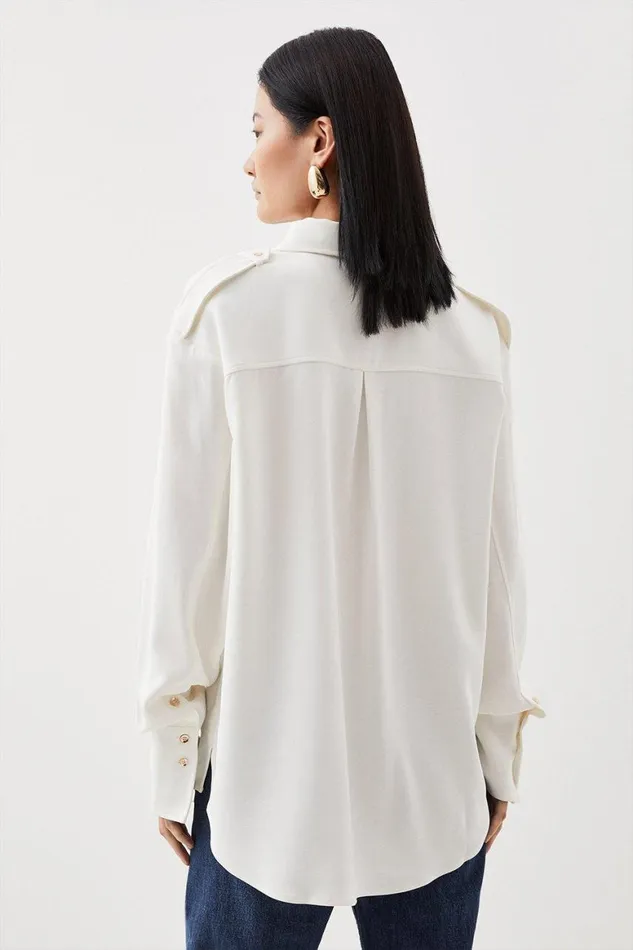 Tops Women Karen Millen Petite Viscose Crepe Long Sleeve Collared Shirt Ivory