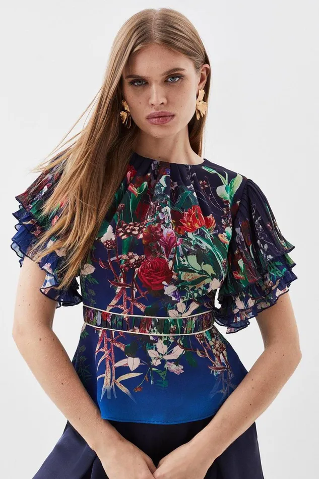 Tops Women Karen Millen Pleat Detail Floral Ruffle Top Blue