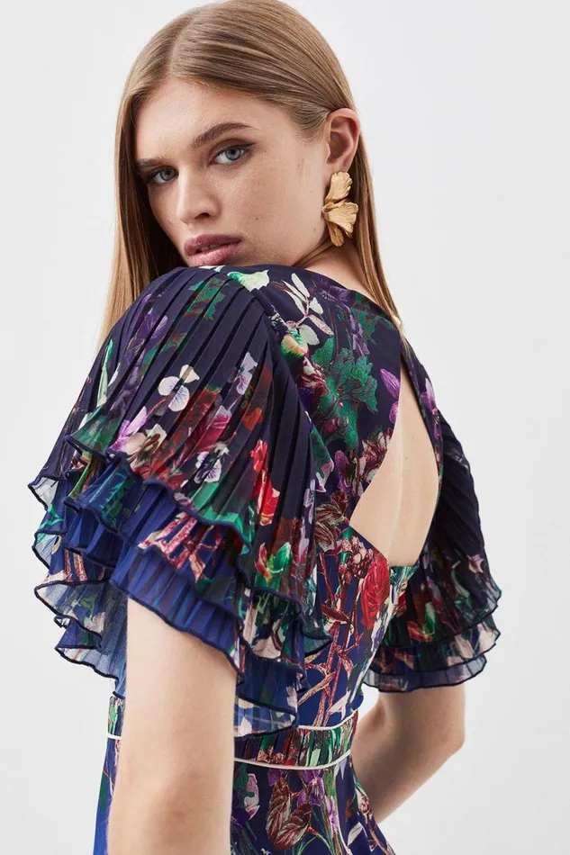 Tops Women Karen Millen Pleat Detail Floral Ruffle Top Blue
