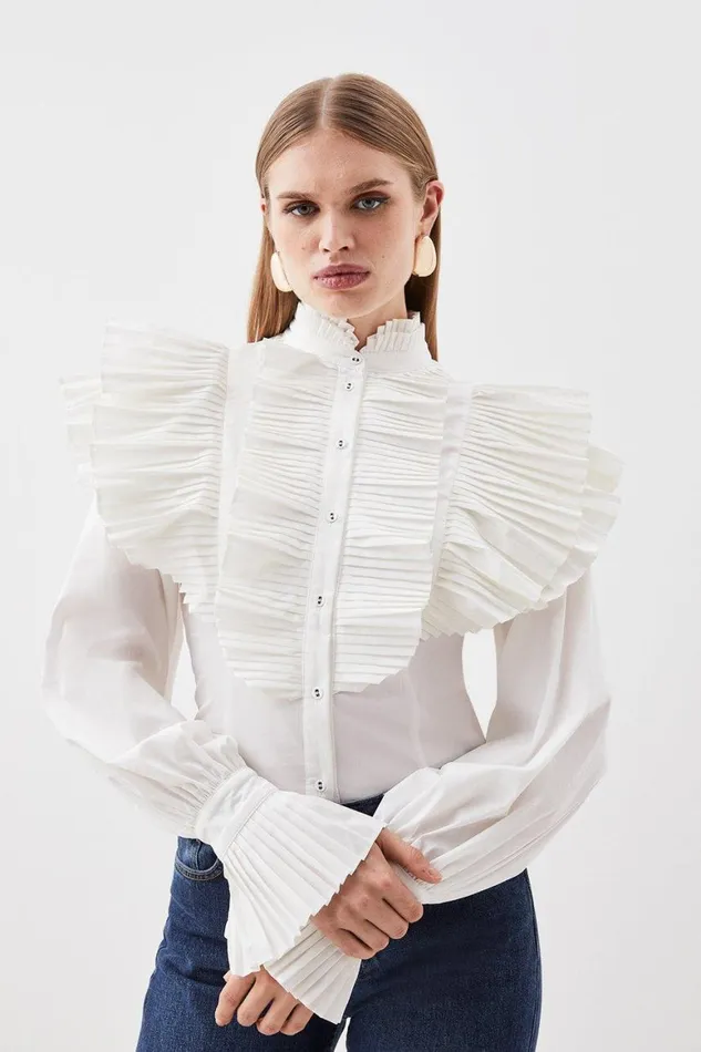 Tops Women Karen Millen Pleated Ruffle Woven Shirt White