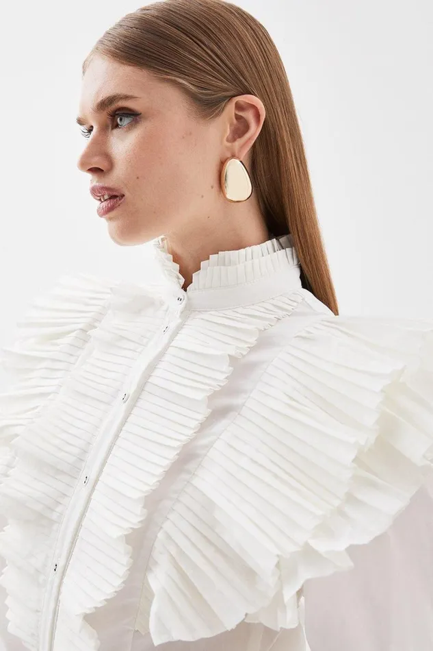 Tops Women Karen Millen Pleated Ruffle Woven Shirt White