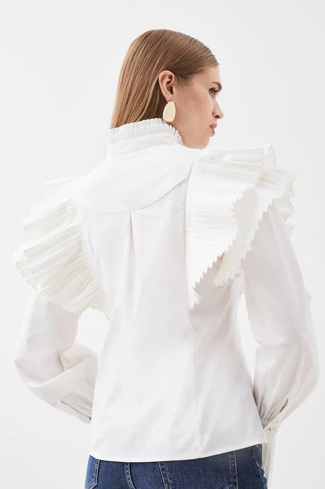 Tops Women Karen Millen Pleated Ruffle Woven Shirt White
