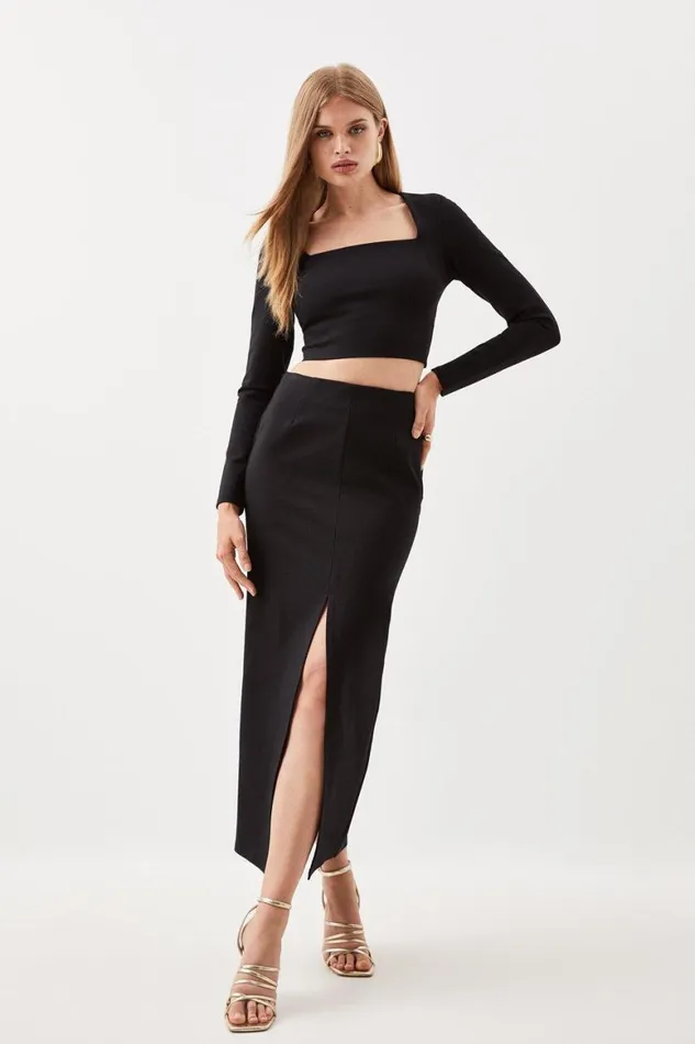 Tops Women Karen Millen Ponte Long Sleeve Crop Top And Split Front Skirt Jersey Set Black Tops Women Karen Millen Ponte Long Sleeve Crop Top And Split Front Skirt Jersey Set Black
