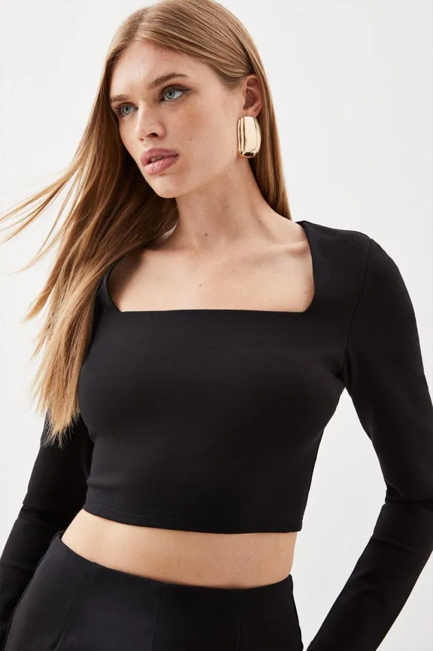Tops Women Karen Millen Ponte Long Sleeve Crop Top And Split Front Skirt Jersey Set Black