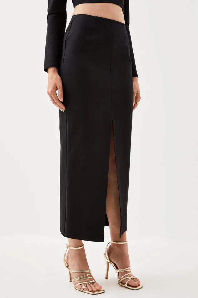 Tops Women Karen Millen Ponte Long Sleeve Crop Top And Split Front Skirt Jersey Set Black
