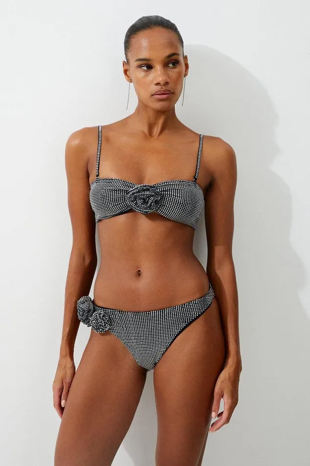 Tops Women Karen Millen Premium Embellished Rosette Bandeau Bikini Top Black