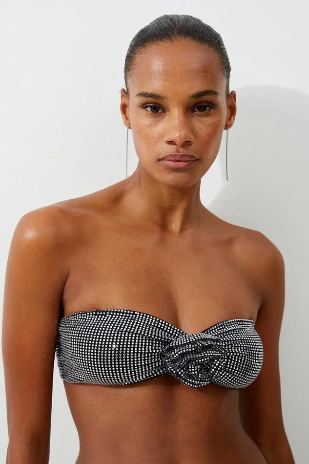 Tops Women Karen Millen Premium Embellished Rosette Bandeau Bikini Top Black