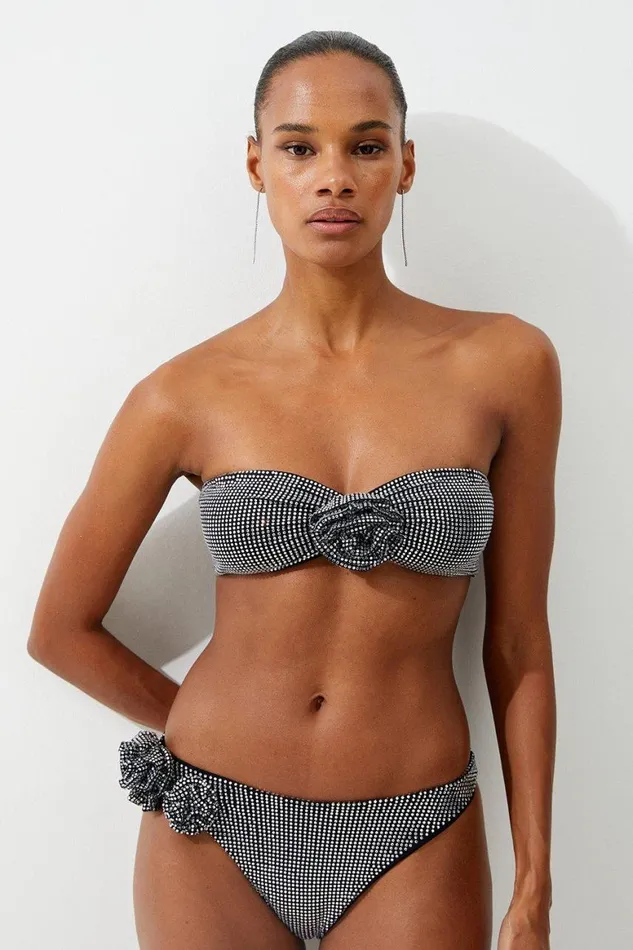 Tops Women Karen Millen Premium Embellished Rosette Bandeau Bikini Top Black