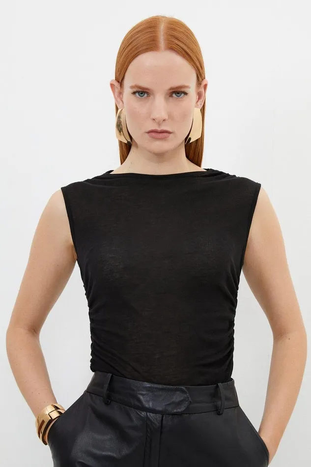 Tops Women Karen Millen Premium Jersey Wool Blend Ruched Top Black