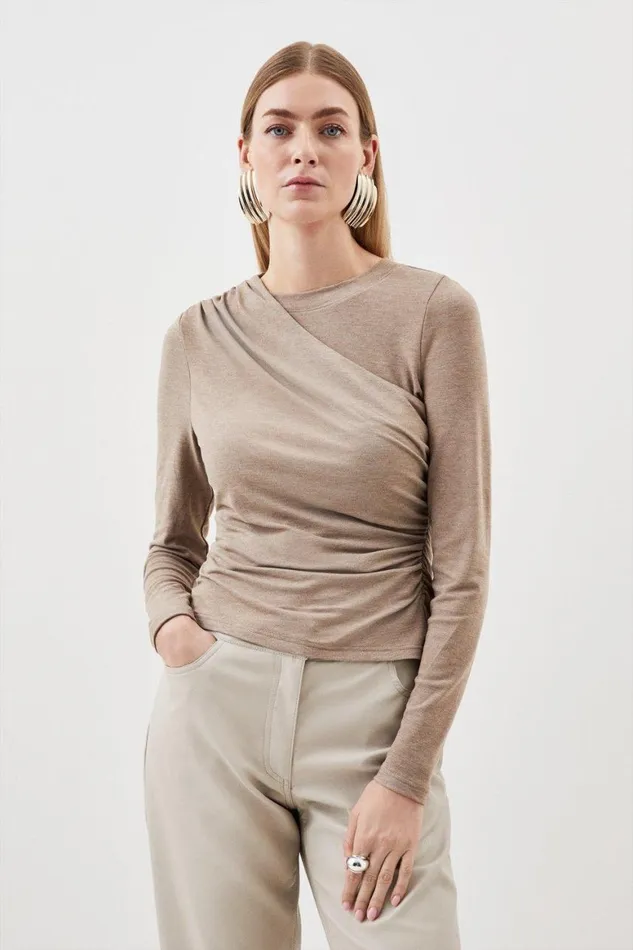 Tops Women Karen Millen Premium Soft Touch Jersey Long Sleeve Top Oatmeal