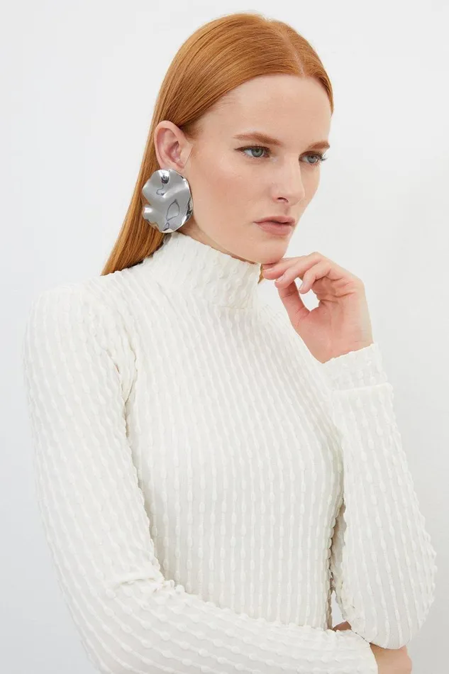 Tops Women Karen Millen Premium Textured Jersey Roll Neck Top Ivory