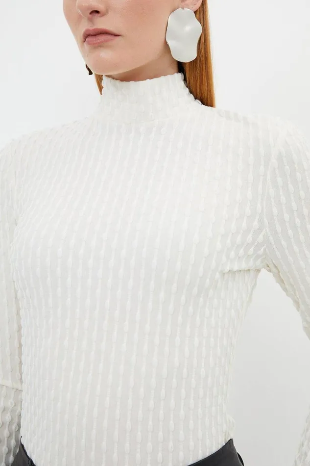 Tops Women Karen Millen Premium Textured Jersey Roll Neck Top Ivory