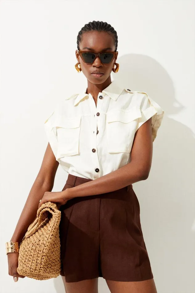 Tops Women Karen Millen Premium Utility Linen Shirt Ivory