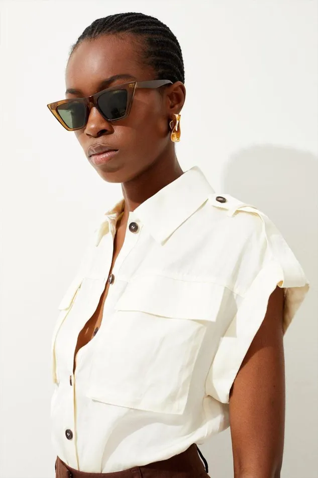 Tops Women Karen Millen Premium Utility Linen Shirt Ivory