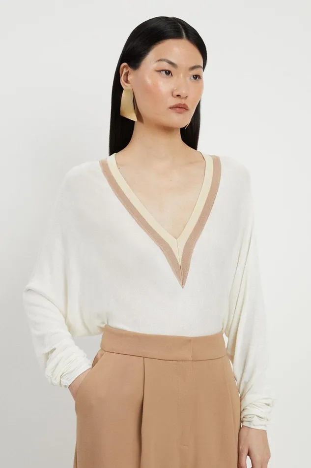 Tops Women Karen Millen Prep Detail V Neck Knit Top Natural