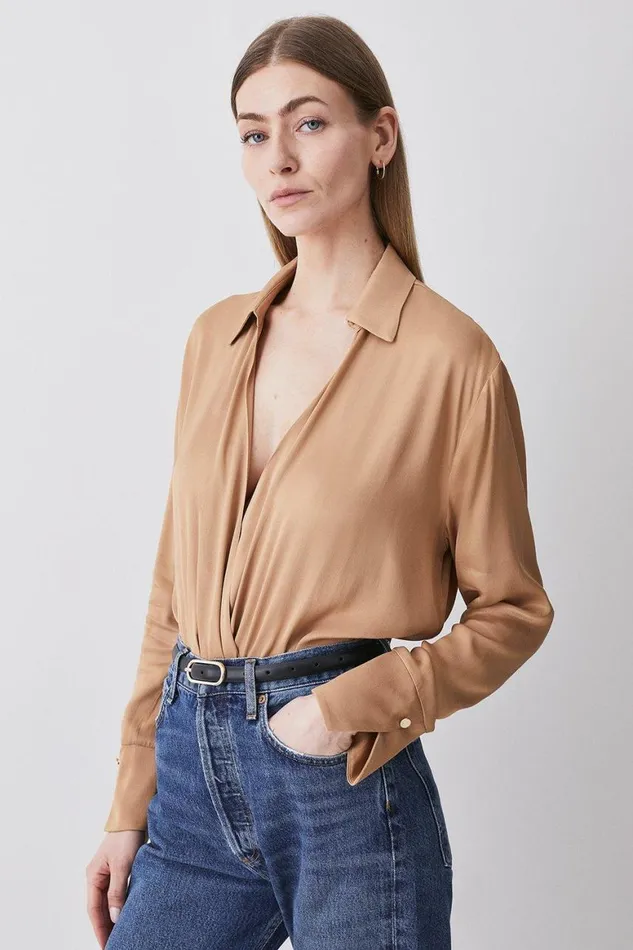 Tops Women Karen Millen Satin Cowl Neck Woven Bodysuit Camel