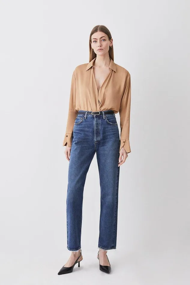 Tops Women Karen Millen Satin Cowl Neck Woven Bodysuit Camel