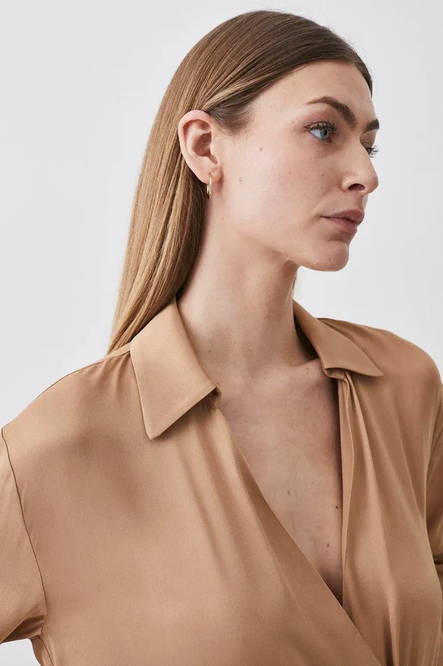 Tops Women Karen Millen Satin Cowl Neck Woven Bodysuit Camel