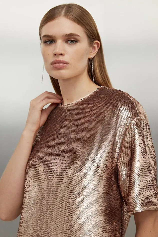 Tops Women Karen Millen Sequin Woven Boxy Tshirt Rose Gold