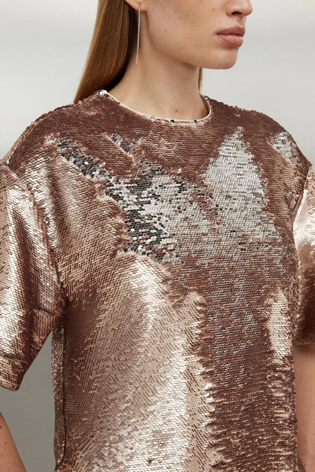 Tops Women Karen Millen Sequin Woven Boxy Tshirt Rose Gold