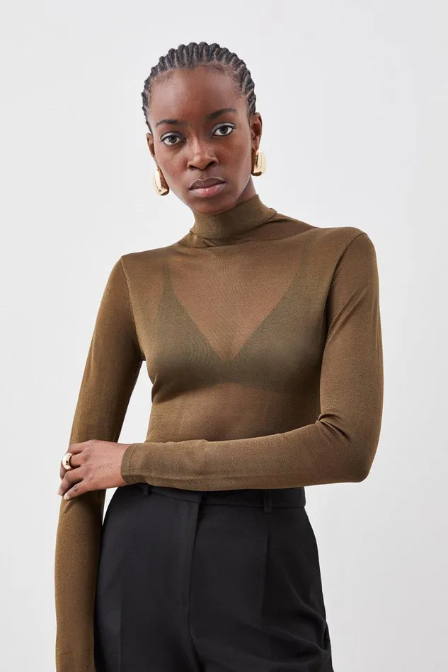 Tops Women Karen Millen Sheer Knit Slinky Funnel Neck Top Khaki