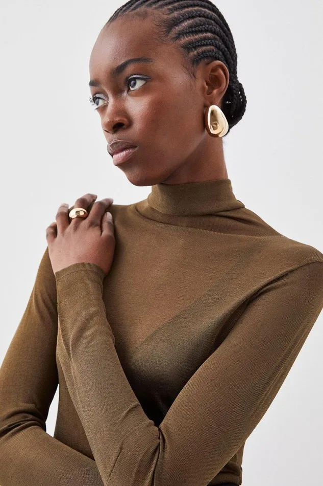 Tops Women Karen Millen Sheer Knit Slinky Funnel Neck Top Khaki
