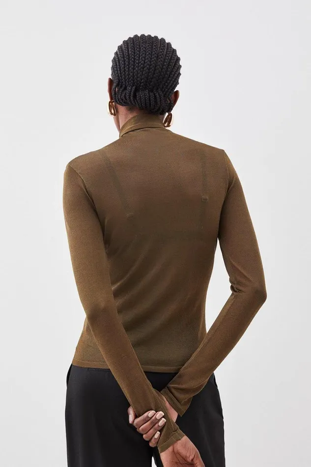 Tops Women Karen Millen Sheer Knit Slinky Funnel Neck Top Khaki