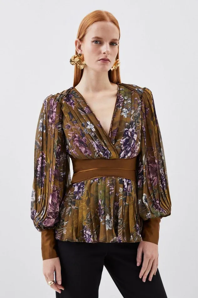 Tops Women Karen Millen Sketched Botanical Pleated Woven Blouse Floral