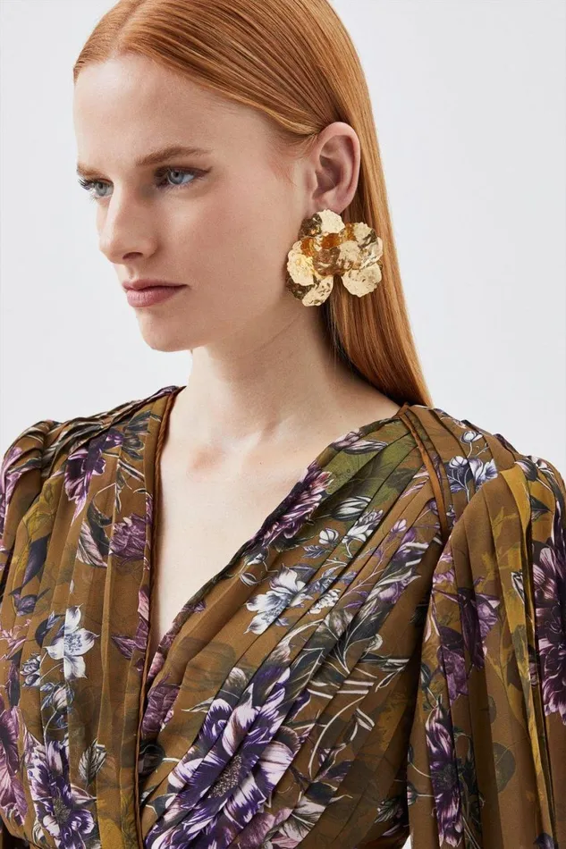 Tops Women Karen Millen Sketched Botanical Pleated Woven Blouse Floral
