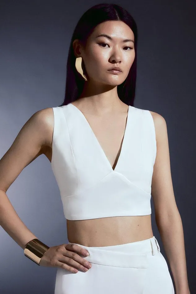 Tops Women Karen Millen Tailored Satin Back Crepe Cropped Corset Top Ivory