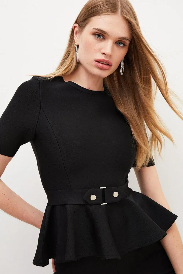 Tops Women Karen Millen Trimmed Waist Peplum Bandage Knit Detail Top Black