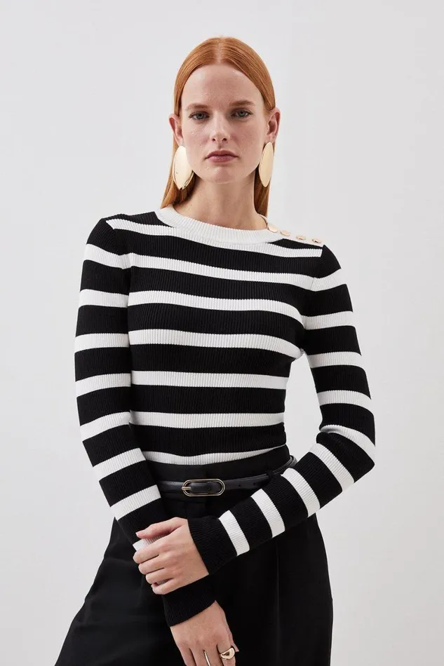 Tops Women Karen Millen Viscose Blend Rib Knit Military Trim Striped Top Mono Tops Women Karen Millen Viscose Blend Rib Knit Military Trim Striped Top Mono