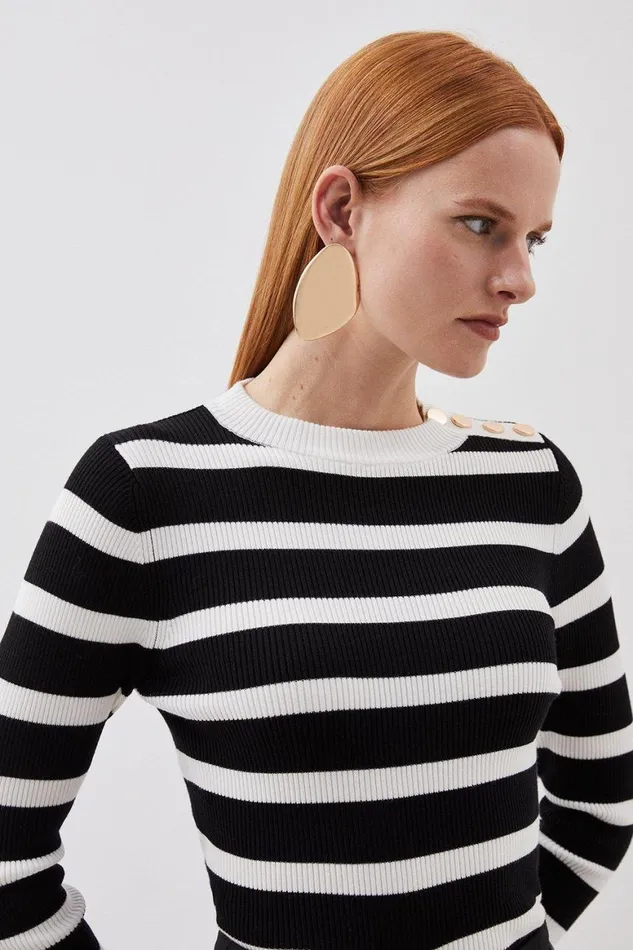 Tops Women Karen Millen Viscose Blend Rib Knit Military Trim Striped Top Mono
