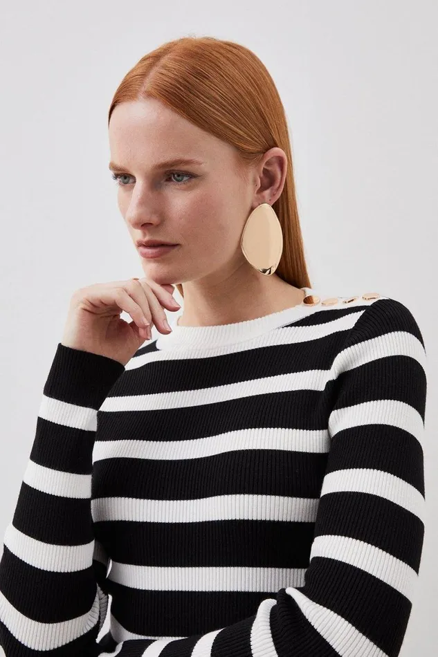 Tops Women Karen Millen Viscose Blend Rib Knit Military Trim Striped Top Mono
