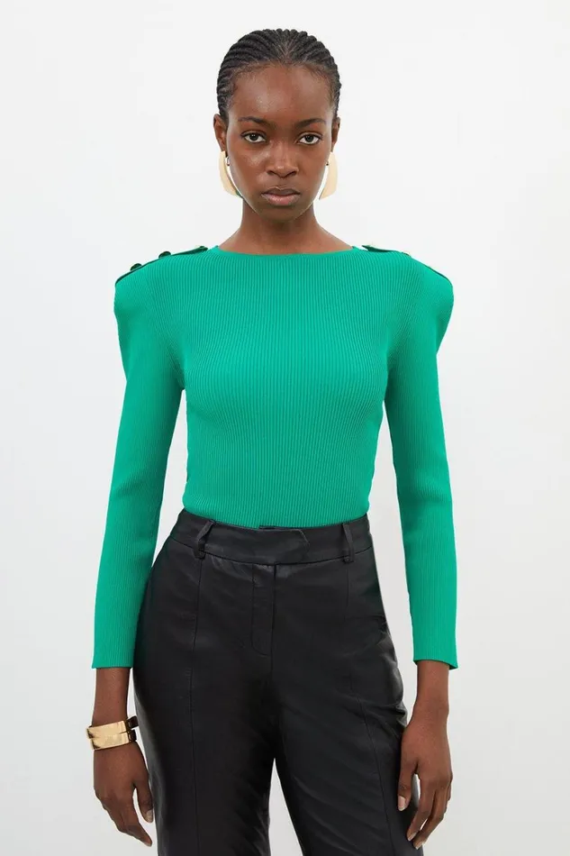 Tops Women Karen Millen Viscose Blend Rib Knit Power Shoulder Top Green