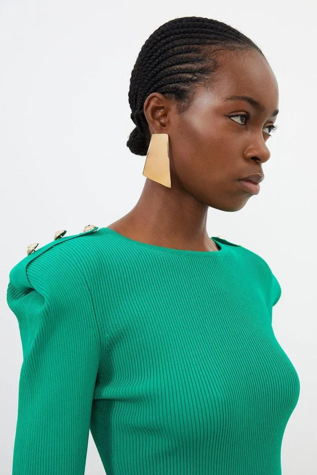 Tops Women Karen Millen Viscose Blend Rib Knit Power Shoulder Top Green
