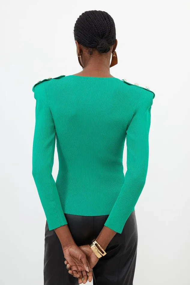 Tops Women Karen Millen Viscose Blend Rib Knit Power Shoulder Top Green