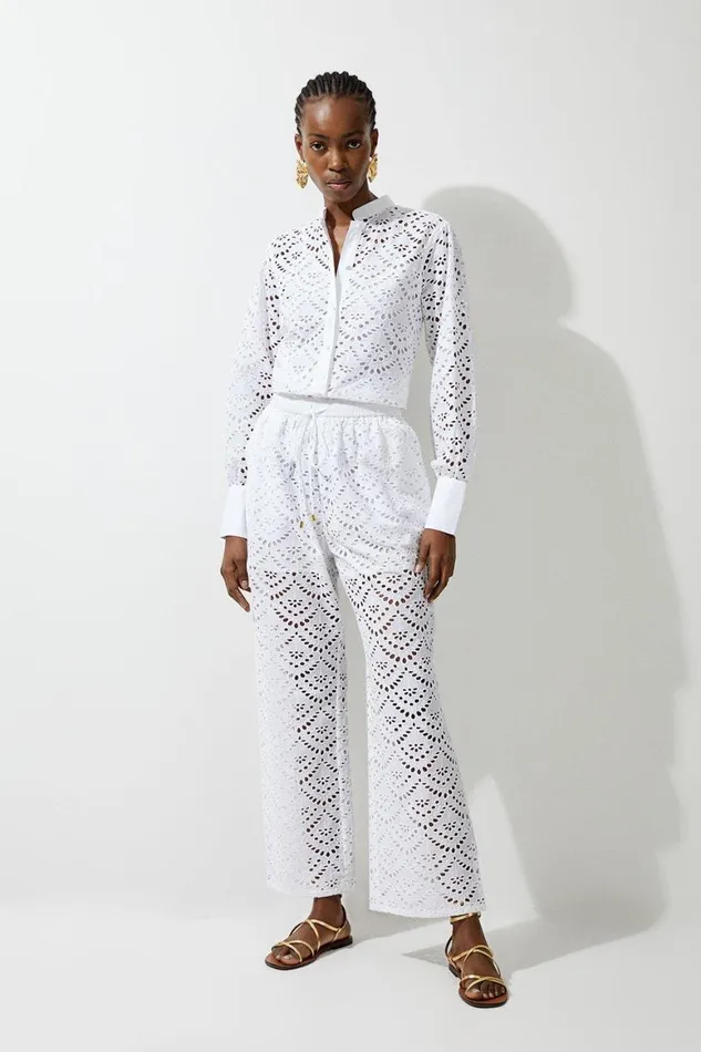 Trousers Women Karen Millen Broderie Wide Leg Trouser White