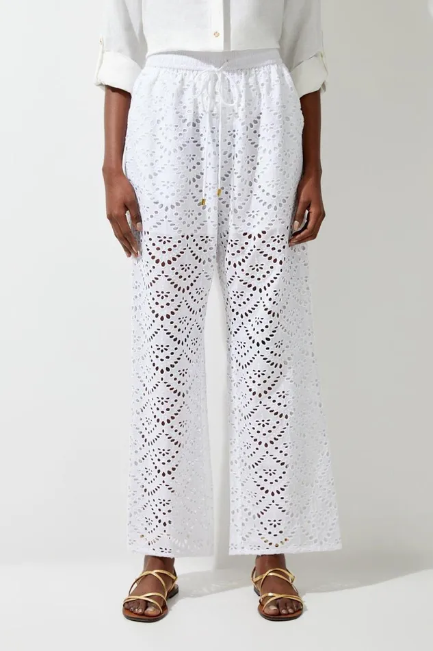 Trousers Women Karen Millen Broderie Wide Leg Trouser White