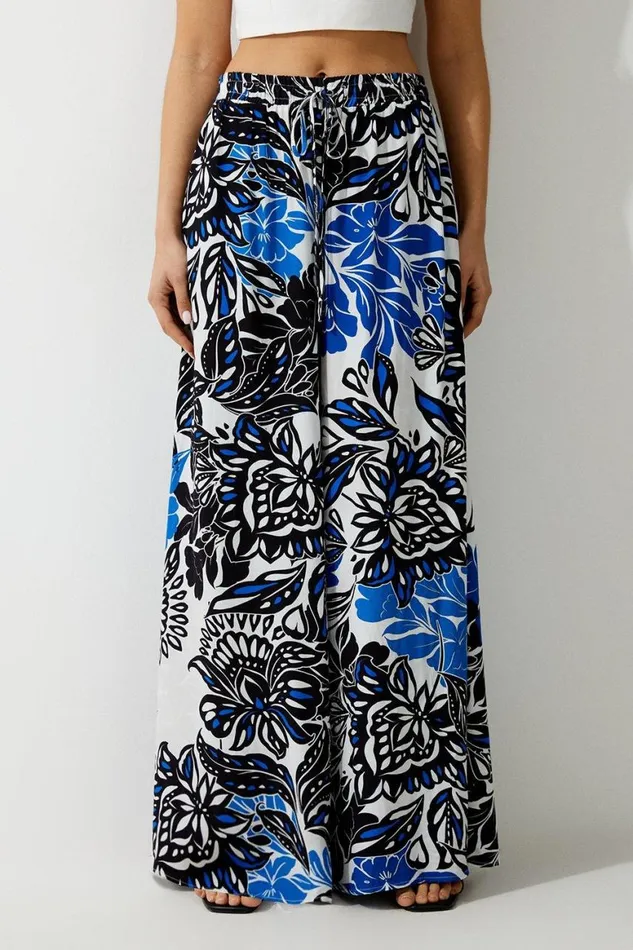 Trousers Women Karen Millen Floral Printed Viscose Crepe Woven Wide Leg Trousers Floral