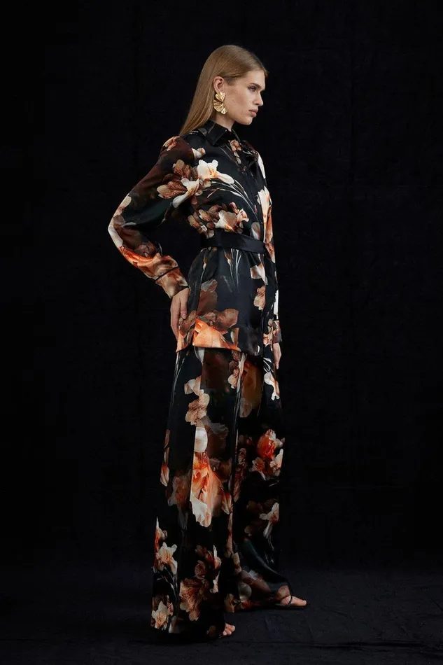 Trousers Women Karen Millen Lily Print Viscose Satin Woven Wide Leg Trousers Floral