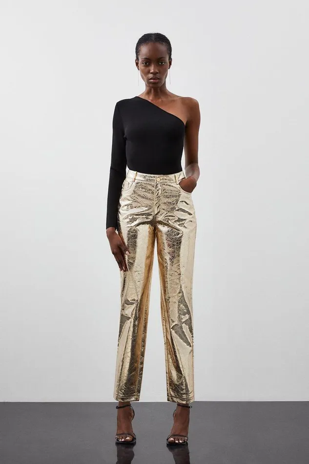 Trousers Women Karen Millen Metallic Faux Leather Straight Trousers Gold