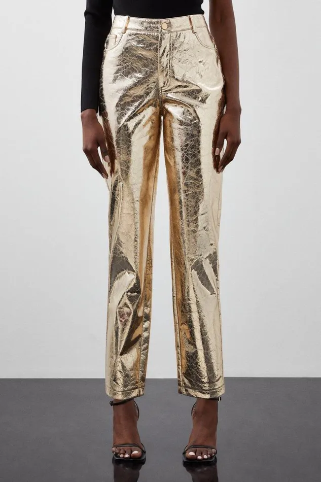 Trousers Women Karen Millen Metallic Faux Leather Straight Trousers Gold