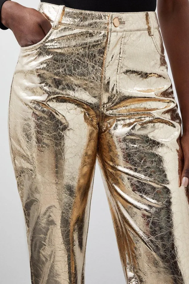 Trousers Women Karen Millen Metallic Faux Leather Straight Trousers Gold