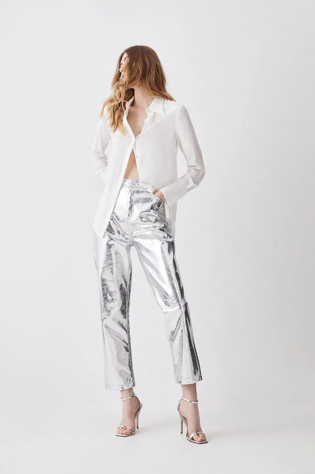 Trousers Women Karen Millen Metallic Faux Leather Tailored Straight Leg Trouser Silver