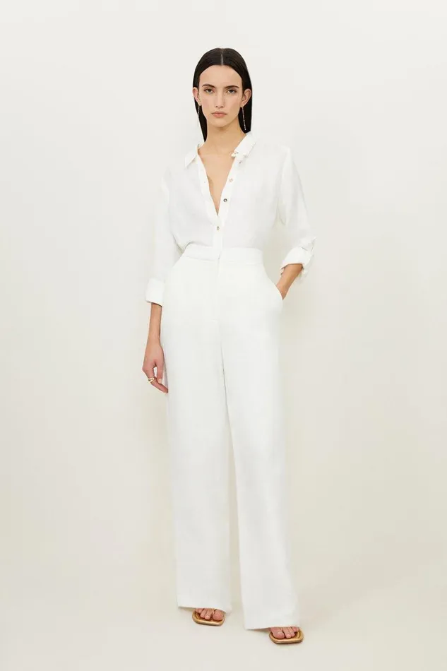 Trousers Women Karen Millen Premium Tailored Linen Mid Rise Wide Leg Trousers Ivory