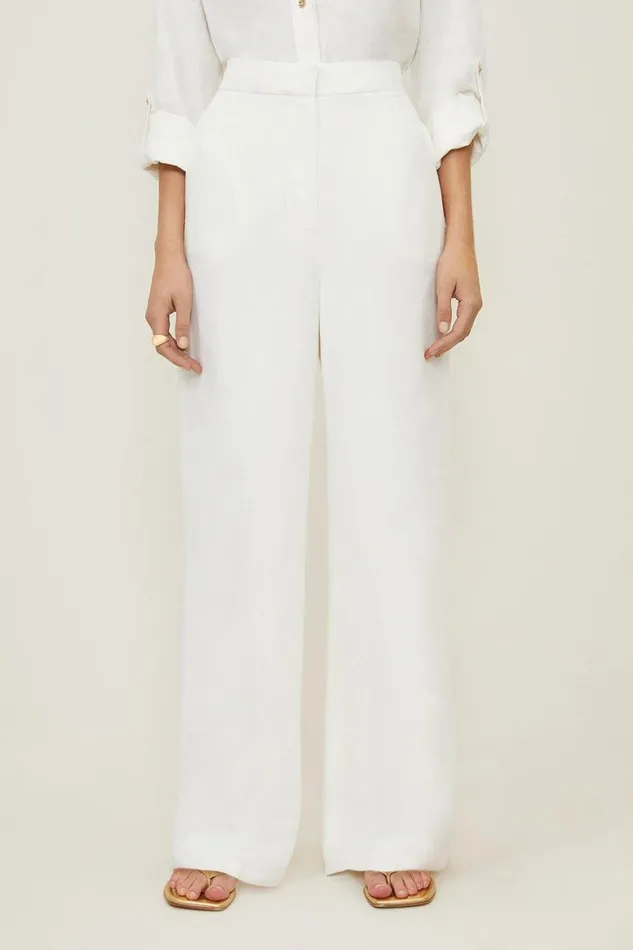 Trousers Women Karen Millen Premium Tailored Linen Mid Rise Wide Leg Trousers Ivory